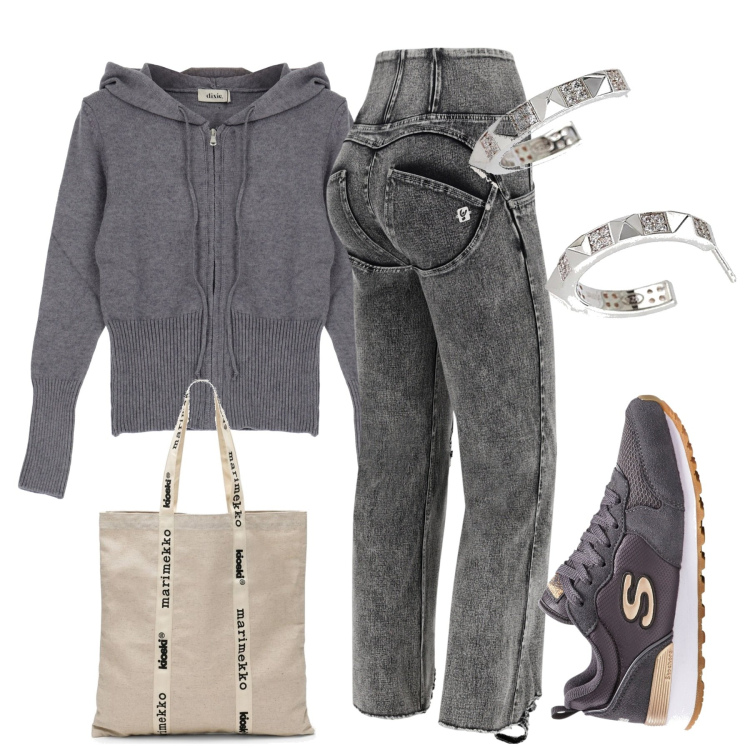 Outfit donna - City. Stile Sporty chic per Tutti i giorni. Abbinamento con sneakers, orecchini, jeans strappati, felpe con cappuccio, borse tote.