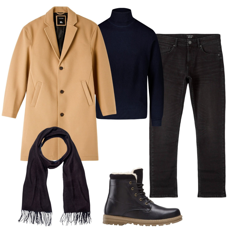 Outfit uomo - Il Cappotto immancabile nel guardaroba. Stile Trendy per Serata speciale. Abbinamento con stivali e stivaletti, cappotti, jeans, maglieria, sciarpe.