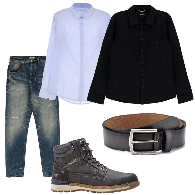 Outfit uomo - Total look #1771204. Stile Trendy per Tutti i giorni. Abbinamento con stivali e stivaletti, camicie, jeans dritti, cappotti, cinture.
