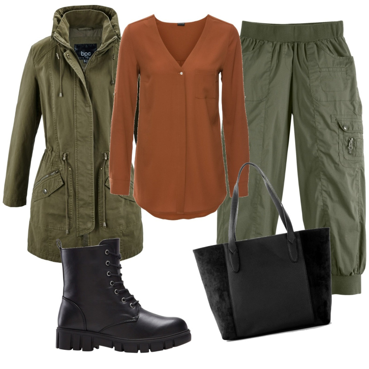 Outfit donna - Total look #1771205. Stile Casual per Tutti i giorni. Abbinamento con parka, camicie, stivaletti, shopping bag, pantaloni sportivi.