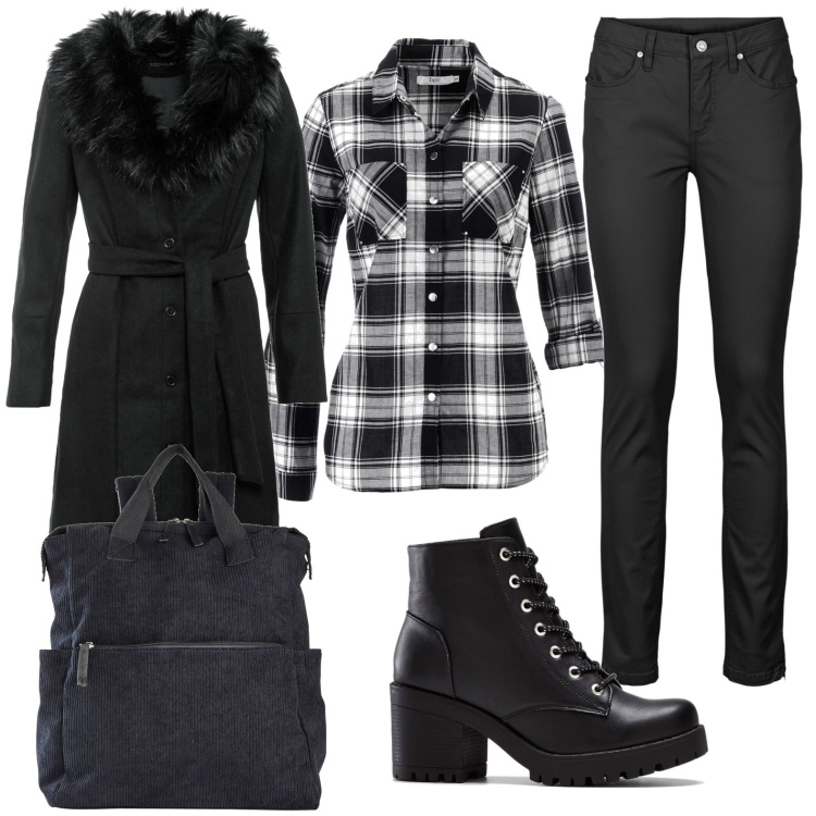 Outfit donna - Total look #1771208. Stile Casual per Tutti i giorni. Abbinamento con camicie, jeans skinny, zaini, stivaletti, cappotti.