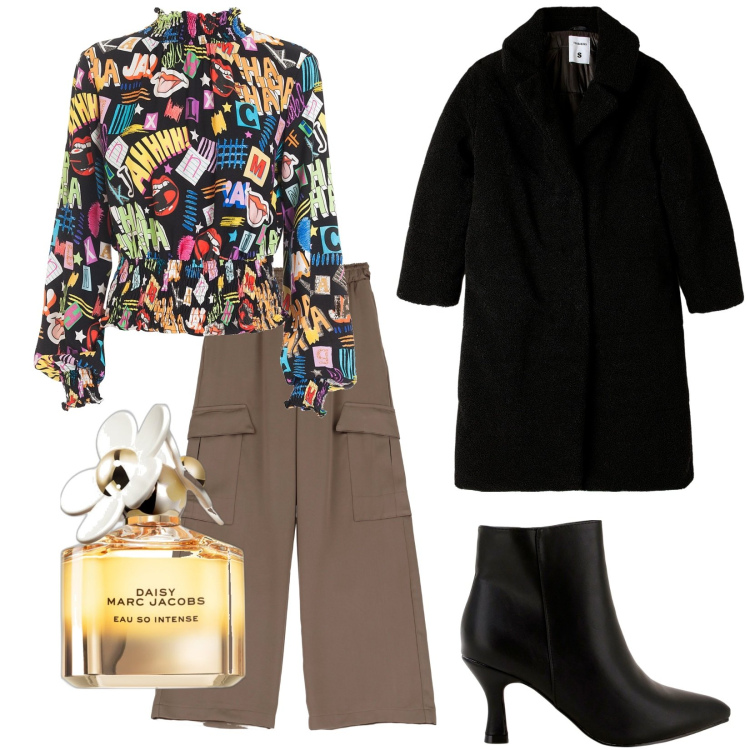 Outfit donna - Total look #1771210. Stile Trendy per Tutti i giorni. Abbinamento con profumi, cappotti, bluse, pantaloni a palazzo, stivaletti.