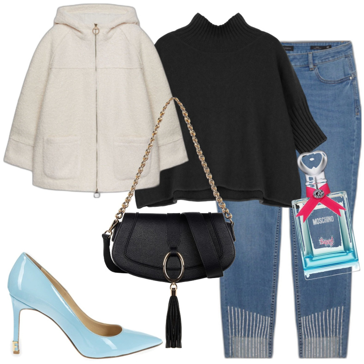 Outfit donna - Total look #1771225. Stile Casual per Tutti i giorni. Abbinamento con profumi, borse a spalla, décolleté, maglieria, cappotti, jeans skinny.