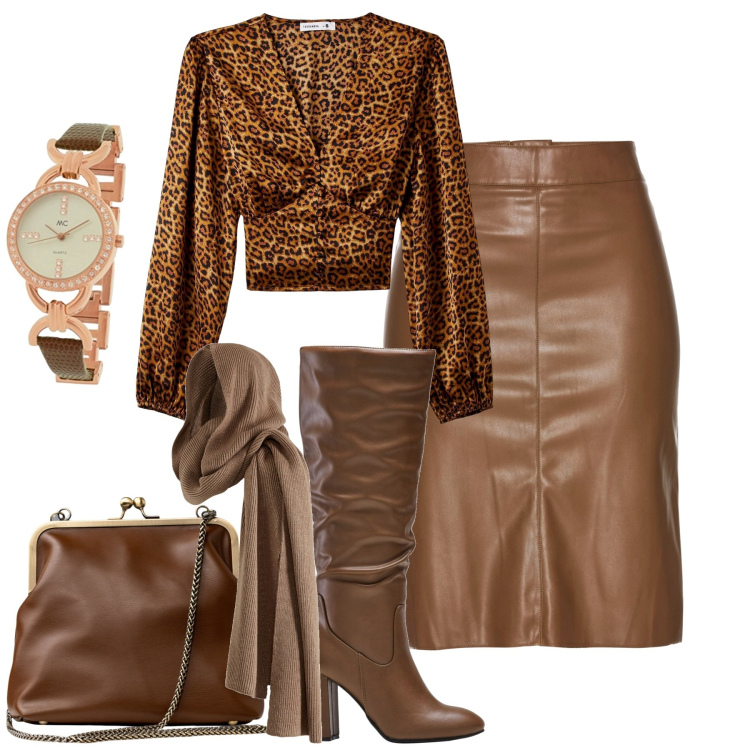 Outfit donna - Novembre. Stile Trendy per Tutti i giorni. Abbinamento con gonne longuette, stivali sopra il ginocchio, sciarpe, bluse, clutch, orologi analogici.