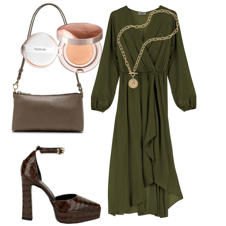 Outfit donna - In verde. Stile Minimal per Tutti i giorni. Abbinamento con fondotinta, vestiti asimmetrici, décolleté, collane, borse a spalla.
