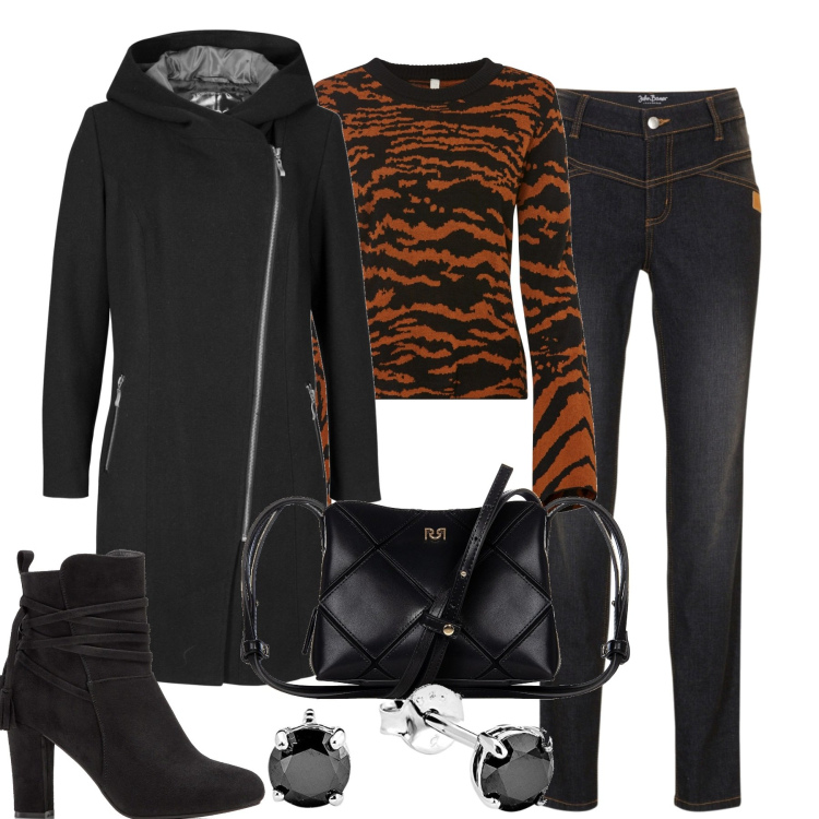 Outfit donna - Novità. Stile Casual chic per Tutti i giorni. Abbinamento con blazer, maglieria, jeans skinny, stivaletti, borse a spalla, orecchini.