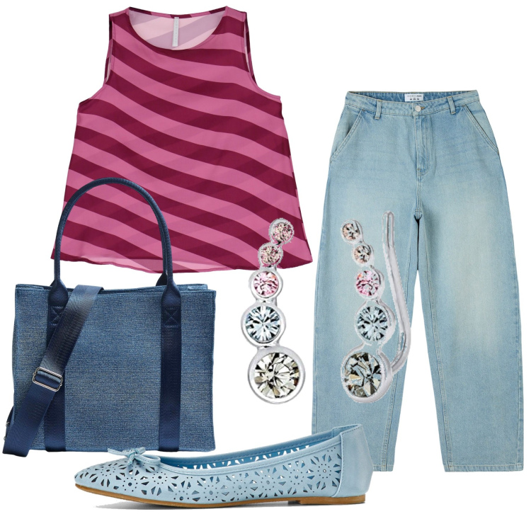 Outfit donna - Total look #1771247. Stile Urban per Tutti i giorni. Abbinamento con ballerine, jeans, shopping bag, top, orecchini.