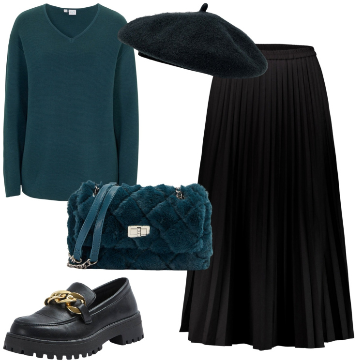 Outfit donna - City. Stile Trendy per Tutti i giorni. Abbinamento con maglieria, mocassini, borse a spalla, gonne lunghe, cappelli e berretti.