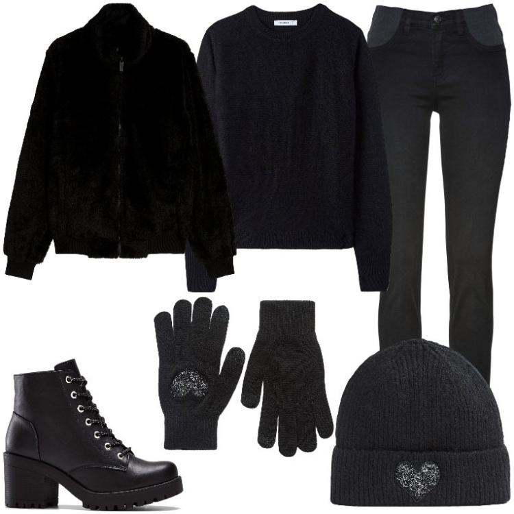 Outfit donna - I love black. Stile Basic per Tutti i giorni. Abbinamento con stivaletti, jeans skinny, maglieria, berretti, guanti, cappotti.
