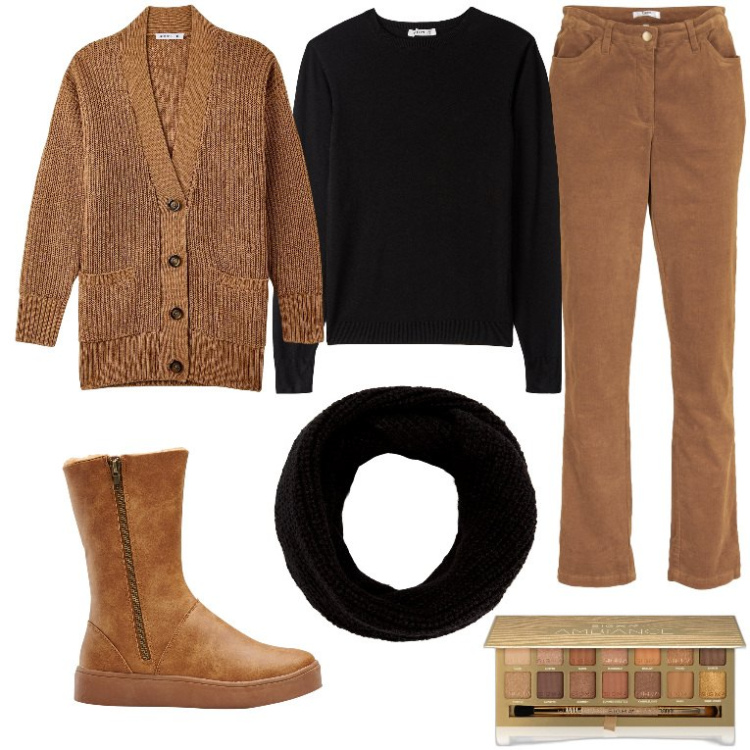 Outfit donna - In giro per commissioni. Stile Casual per Tutti i giorni. Abbinamento con stivali, pantaloni, ombretti, cardigans, maglieria, scaldacollo.
