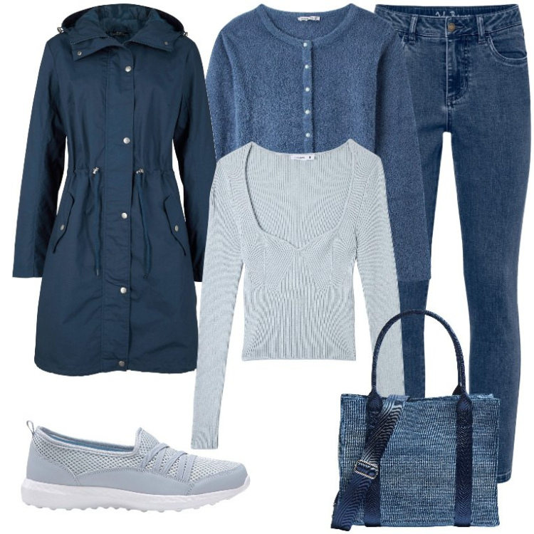 Outfit donna - Sempre di corsa 2. Stile Basic per Tutti i giorni. Abbinamento con sneakers, parka, jeans skinny, cardigans, maglieria, shopping bag.