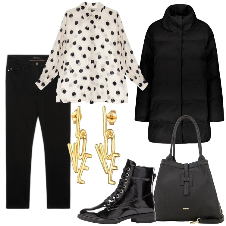 Outfit donna - La camicia a pois e le sneakers. Stile Chic per Serata fuori. Abbinamento con stivaletti, borse a secchiello, camicie, cappotti, jeans skinny, orecchini.