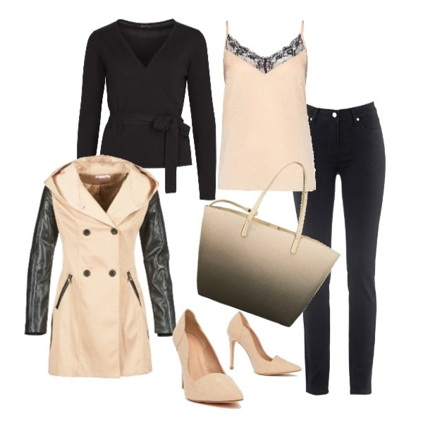 Outfit donna - In nero e cipria. Stile Trendy per Serata fuori. Abbinamento con jeans slim fit, shopping bag beige, trench, cardigan nero, canottiera con pizzo e spalline beige, décolleté.