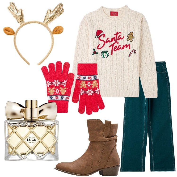 Outfit donna - Idee regali di Natale. Stile Basic per Tutti i giorni. Abbinamento con stivaletti texani, profumi, maglieria, pantaloni, cerchietti, guanti.