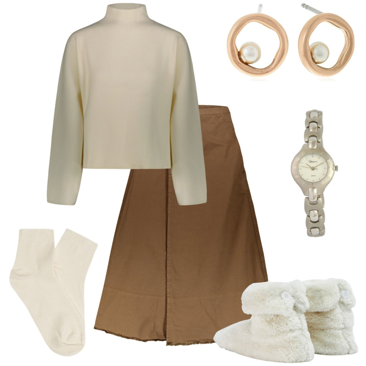 Outfit donna - Giochi in salotto tutta la notte. Stile Casual per Serata fuori. Abbinamento con stivaletti, gonne lunghe, collant, maglieria, orecchini, orologi.