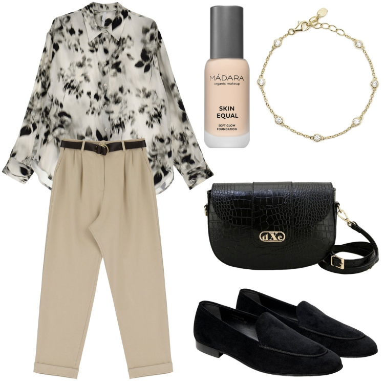 Outfit donna - Buongiorno. Stile Chic per Tutti i giorni. Abbinamento con camicie, fondotinta, pantaloni capri, pochette, braccialetti, mocassini.