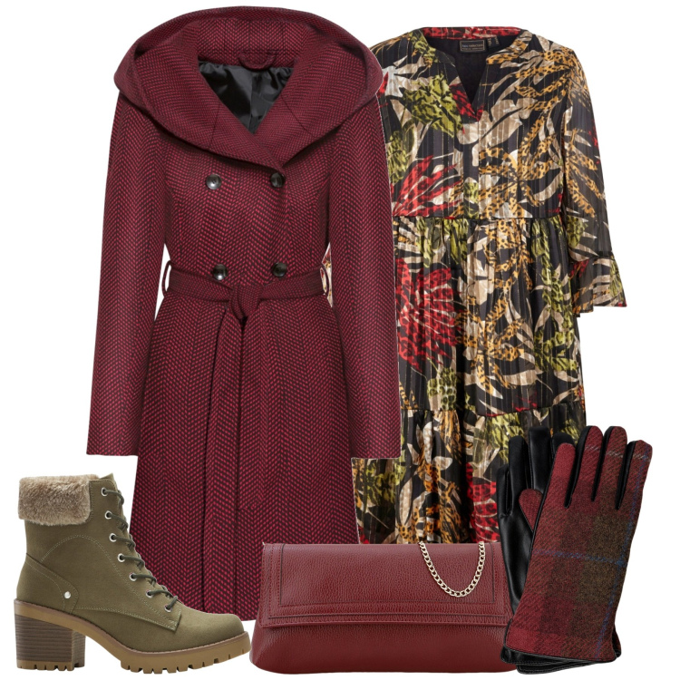 Outfit donna - Total look #1771360. Stile Boho per Tutti i giorni. Abbinamento con cappotti, vestiti, stivaletti, pochette, guanti.