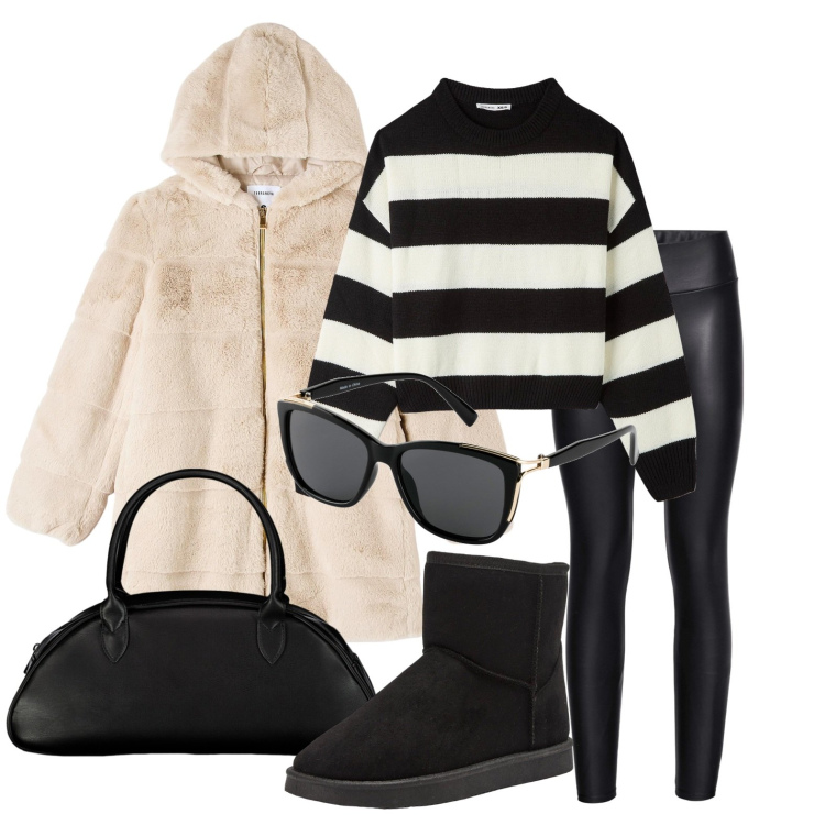 Outfit donna - Ghost outfitter - novembre. Stile Trendy per Tutti i giorni. Abbinamento con leggings, occhiali da sole, maglieria, ecopellicce, stivali, borse a spalla.
