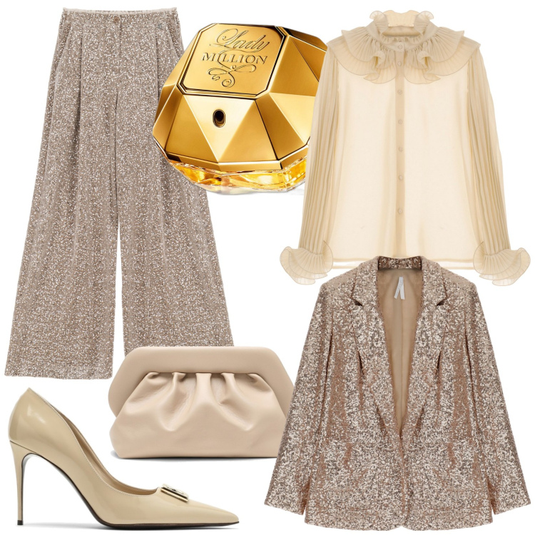 Outfit donna - So chic. Stile Chic per Serata fuori. Abbinamento con profumi, cappotti, pantaloni a palazzo, camicie, scarpe col tacco, clutch.