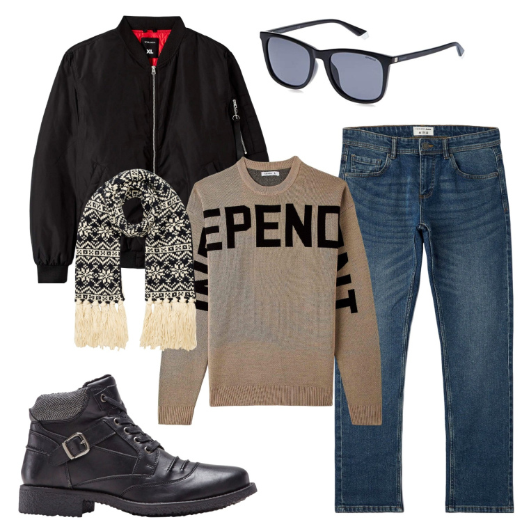 Outfit uomo - Bomber. Stile Casual per Tutti i giorni. Abbinamento con stivali e stivaletti, jeans, maglieria, bomber, sciarpe, occhiali da sole.