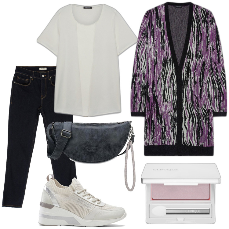 Outfit donna - Total look #1771438. Stile Casual chic per Tutti i giorni. Abbinamento con sneakers, ombretti, jeans slim fit, cardigans, bluse, ciondoli.
