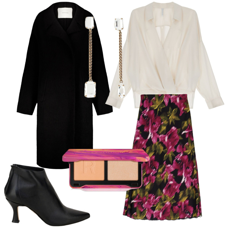 Outfit donna - Total look #1771443. Stile Chic per Cerimonia. Abbinamento con blush, camicie, stivaletti, gonne longuette, orecchini, cappotti.