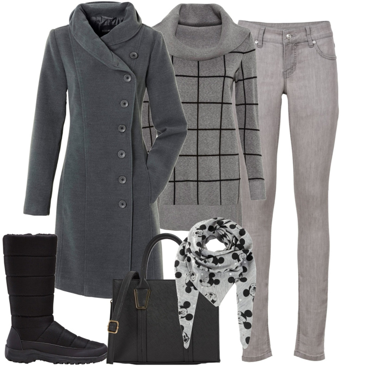 Outfit donna - A piedi in città. Stile Basic per Tutti i giorni. Abbinamento con cappotti, maglieria, jeans skinny, stivali, foulard, shopping bag.