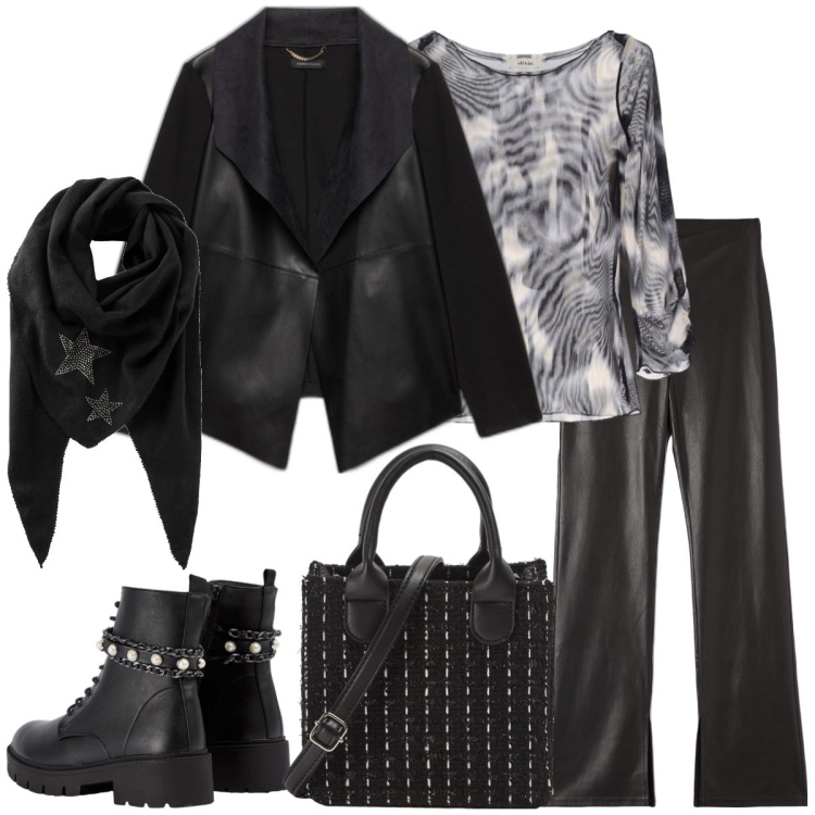 Outfit donna - Urban con stile. Stile Urban per Tutti i giorni. Abbinamento con foulard, anfibi, pantaloni, shopping bag, maglieria, blazer.