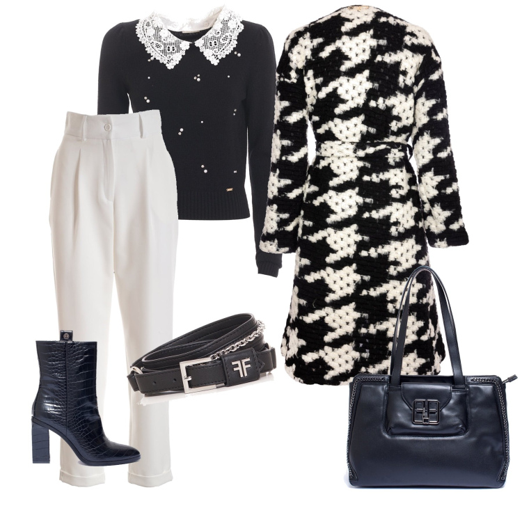 Outfit donna - Black & White in ufficio. Stile Bon Ton per Ufficio. Abbinamento con pantaloni, cappotti, maglieria, stivaletti, borse a mano, cinture.