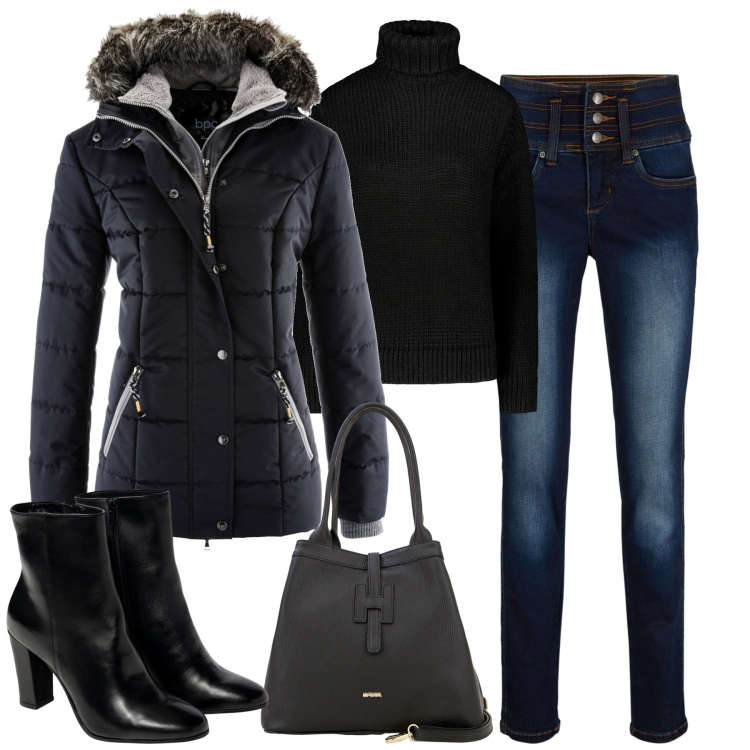 Outfit donna - City. Stile Casual chic per Tutti i giorni. Abbinamento con piumini, jeans slim fit, borse a secchiello, maglieria, stivaletti.
