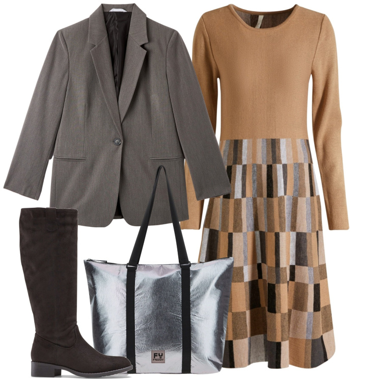 Outfit donna - Grigio e biscotto. Stile Bon Ton per Ufficio. Abbinamento con stivali, vestiti, blazer, borse tote.