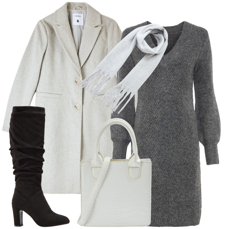 Outfit donna - Ghiaccio a dicembre. Stile Chic per Ufficio. Abbinamento con vestiti, stivali sopra il ginocchio, cappotti, shopping bag, sciarpe.