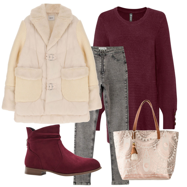 Outfit donna - Avorio e rosso vino. Stile Casual per Tutti i giorni. Abbinamento con maglieria, shopping bag, stivaletti, jeggings, blazer.