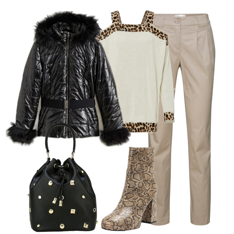 Outfit donna - City. Stile Trendy per Tutti i giorni. Abbinamento con pantaloni chino, blazer, maglieria, stivaletti, borse a secchiello.