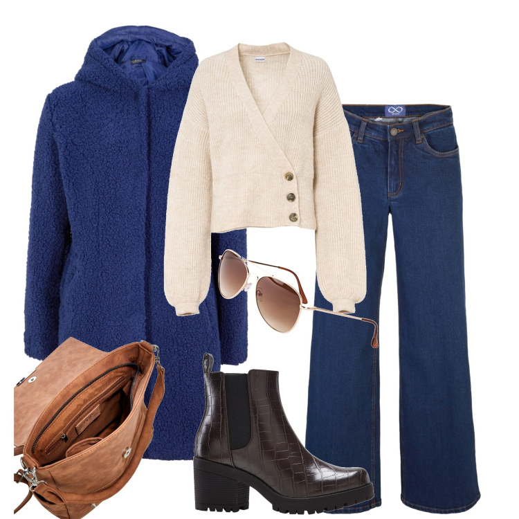 Outfit donna - Bonprix black Friday. Stile Casual per Tutti i giorni. Abbinamento con occhiali da sole, blazer, jeans, maglieria, stivaletti chelsea, zaini.
