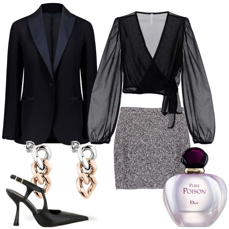 Outfit donna - Vado a ballare. Stile Glamour per Serata fuori. Abbinamento con profumi, maglieria, minigonne, décolleté, collane, giacche.