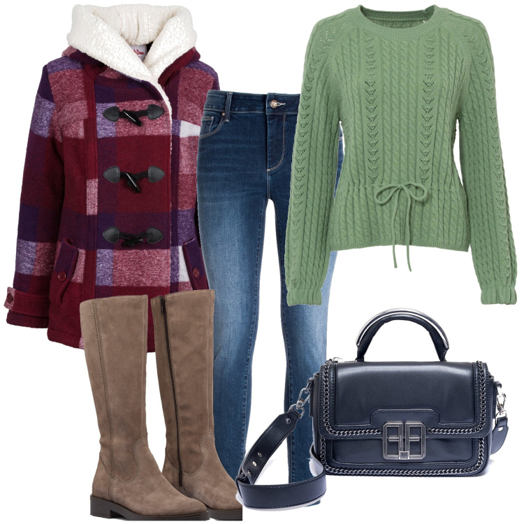 Outfit donna - Total look #1771525. Stile Casual per Tutti i giorni. Abbinamento con maglieria, blazer, borse a spalla, jeans skinny, stivali sopra il ginocchio.