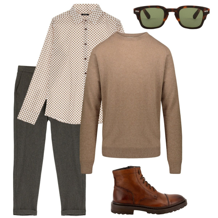 Outfit uomo - Working day. Stile Business/Elegante per Tutti i giorni. Abbinamento con pantaloni, scarpe stringate, camicie, maglieria, occhiali da sole.