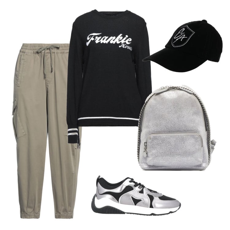 Outfit donna - Weekend mood. Stile Sporty chic per Tutti i giorni. Abbinamento con sneakers, zaini, cappelli con visiera, pantaloni cargo, pullovers.