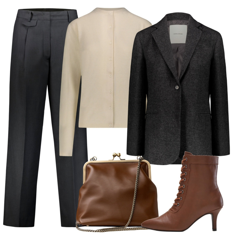 Outfit donna - Total look #1771543. Stile Chic per Ufficio. Abbinamento con stivaletti, cardigans, pantaloni, clutch, blazer.
