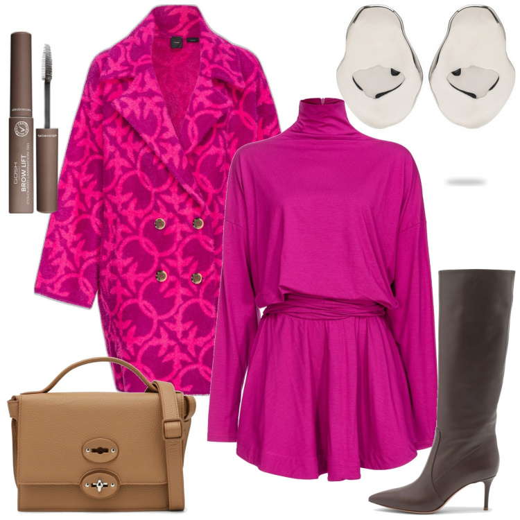 Outfit donna - Festa briosa. Stile Chic per Serata fuori. Abbinamento con mascara, vestiti corti, cappotti, stivali sopra il ginocchio, orecchini, borse a mano.