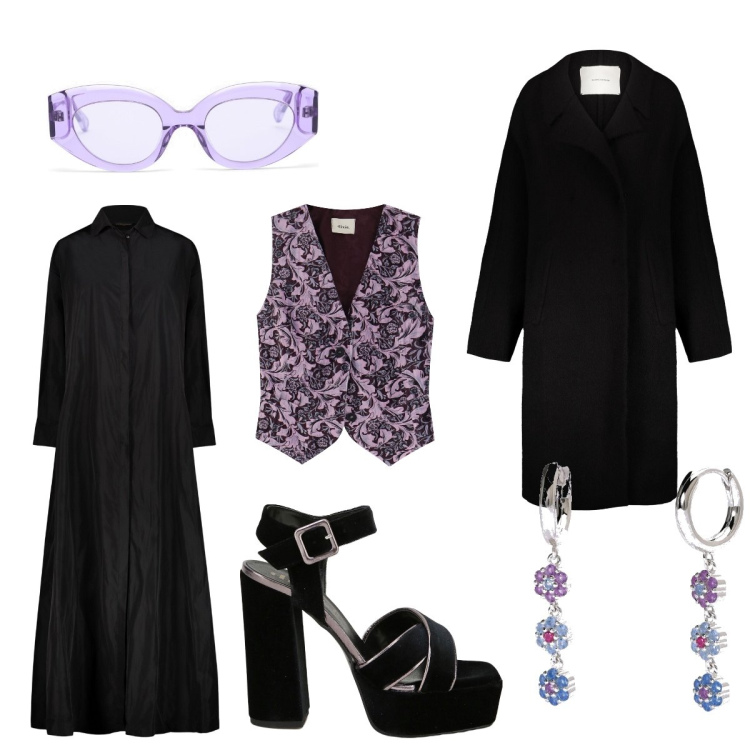 Outfit donna - Glicine e nero. Stile Boho per Serata fuori. Abbinamento con orecchini, gilet, décolleté, vestiti, cappotti, occhiali da sole.