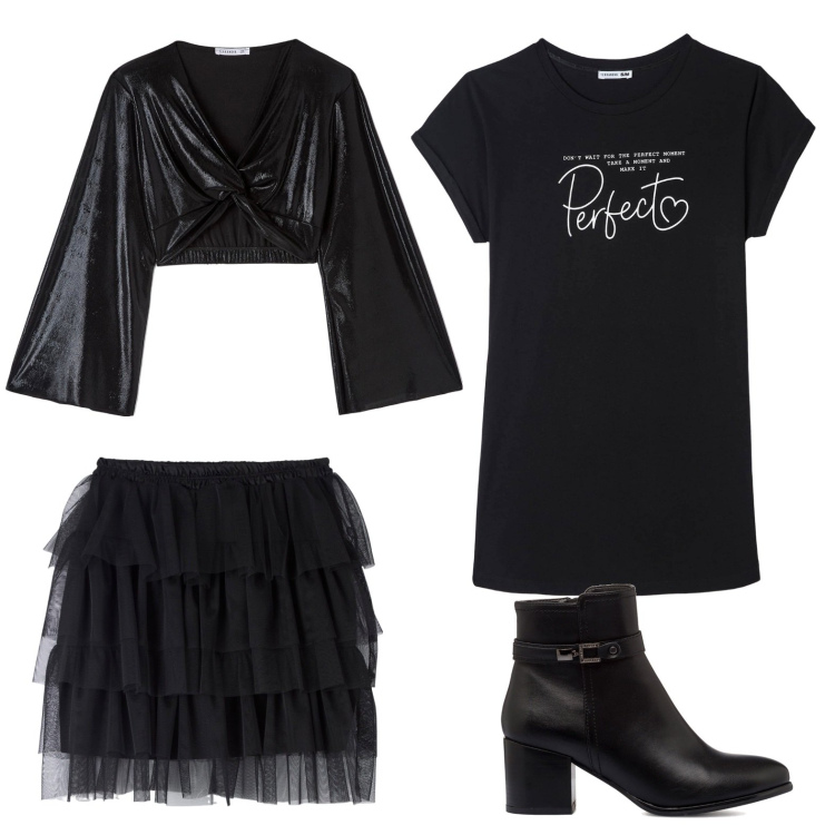 Outfit donna - Terranova. Stile Rock per Serata fuori. Abbinamento con pigiama, t-shirt, minigonne, stivaletti.