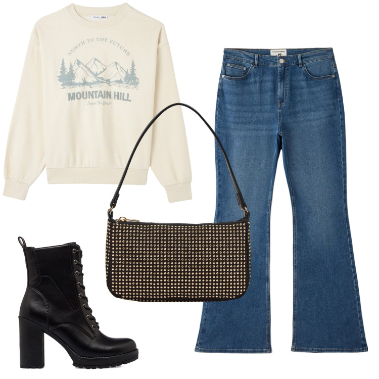 Outfit donna - Terranova black friday. Stile Casual per Scuola/Università. Abbinamento con jeans a zampa, felpe, borse a spalla, anfibi.