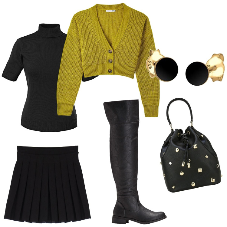 Outfit donna - Total look stivale nero. Stile Casual per Tutti i giorni. Abbinamento con maglieria, stivali sopra il ginocchio, cardigans, minigonne, borse a secchiello, orecchini.