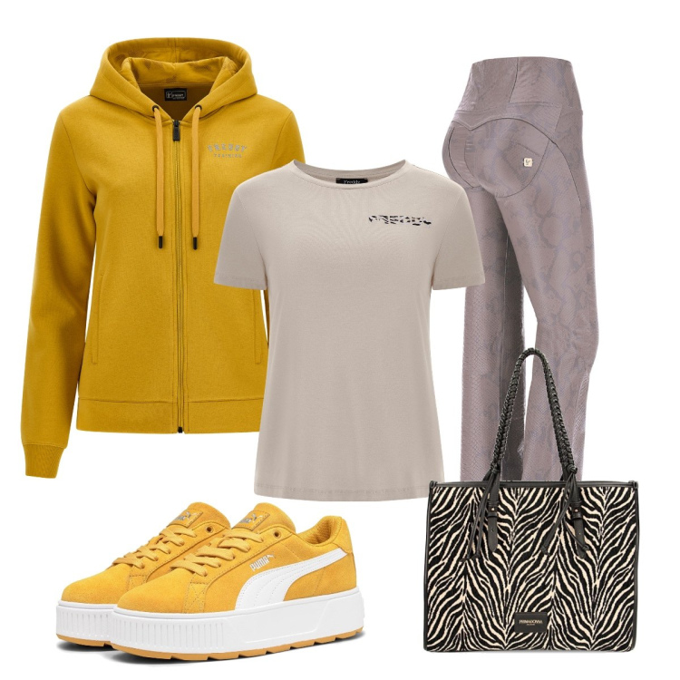 Outfit donna - In palestra con Freddy. Stile Casual chic per Sport. Abbinamento con pantaloni, felpe con cappuccio, t-shirt, borse a spalla, sneakers.