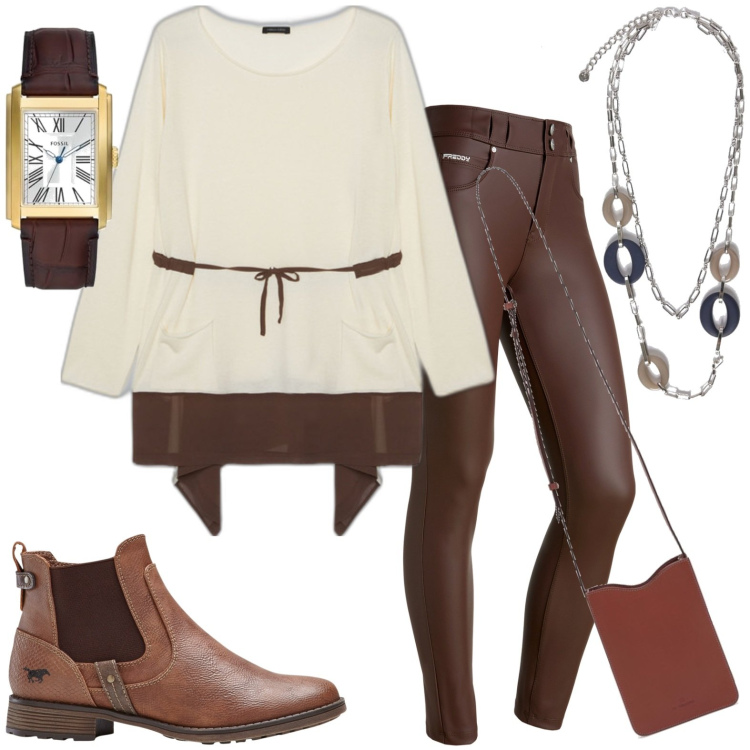 Outfit donna - Total look #1771582. Stile Casual per Tutti i giorni. Abbinamento con stivaletti chelsea, pantaloni skinny, maglieria, ciondoli, borse a tracolla, braccialetti.