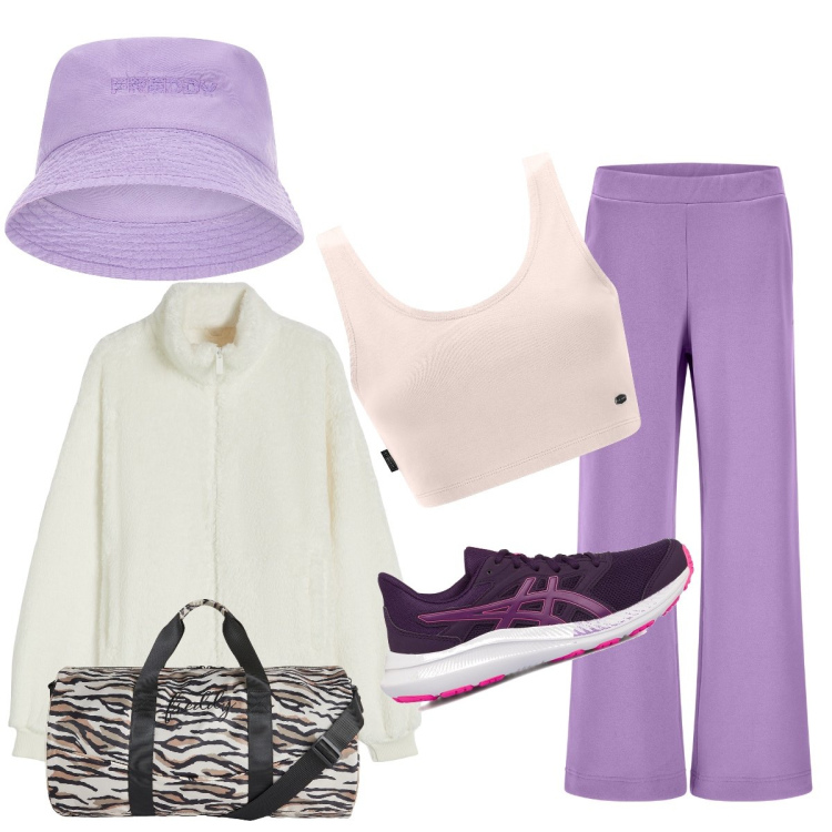 Outfit donna - LLe amiche sono già in palestra. Stile Casual per Sport. Abbinamento con pantaloni a palazzo, blazer, top, cappelli, borse sportive, scarpe sportive.