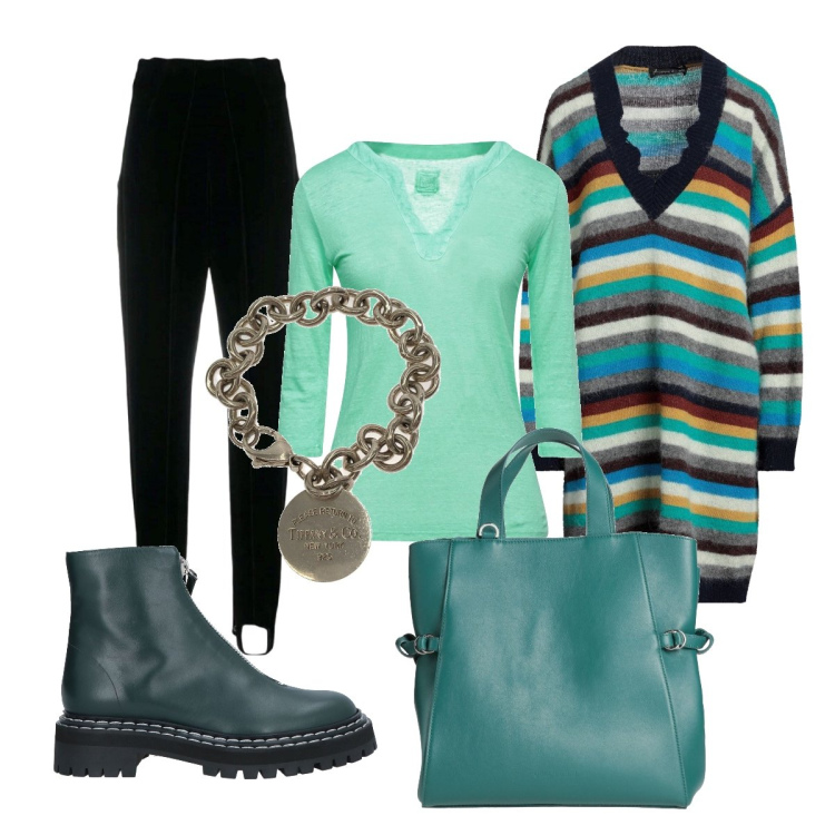 Outfit donna - Per il Black Friday un look colorato!!. Stile Casual chic per Ufficio. Abbinamento con pullovers, borse a mano, stivaletti, t-shirt, braccialetti, pantaloni.