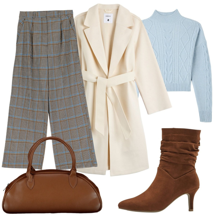 Outfit donna - Un tocco di celeste. Stile Casual chic per Tutti i giorni. Abbinamento con stivaletti, pantaloni a palazzo, maglieria, cappotti, borse a spalla.